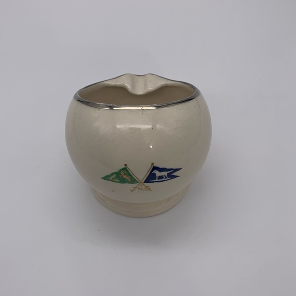 Mid Century Found Footed Ceramic Cigar Ashtray Half Circle Flag Logo Silver Rim - Picture 1 of 12
